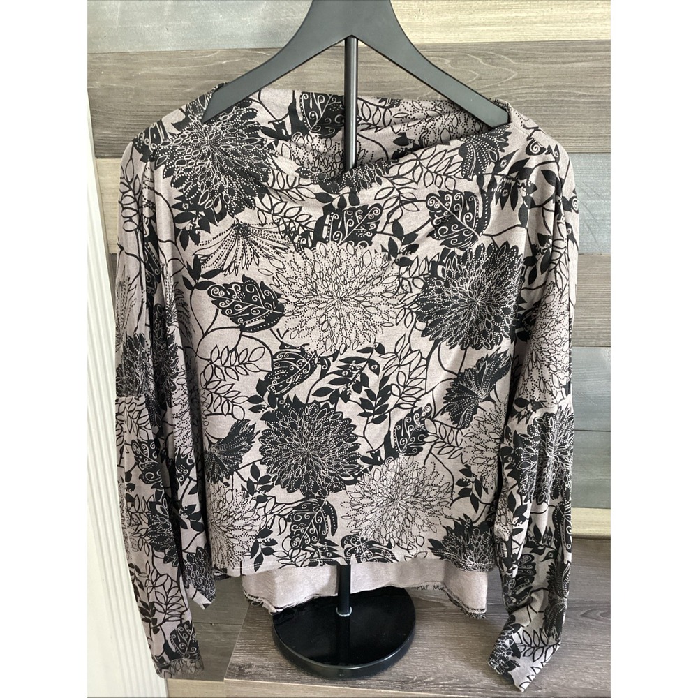 Bryn Walker Large Gray Floral Siro Rayon Spandex High-Low Cowl Neck Boxy Tunic
